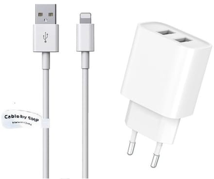 OneOne 2.4A lader met 2 poorten + 2,0m OneOne Lightning kabel. Oplader adapter past op Apple iPhone XR, iPhone XS, iPhone XS Max, iPhone 10, iPhone 11, iPhone 11 Pro, iPhone 11Pro Max, iPhone 12, iPhone 12 Mini, iPhone 12 Pro