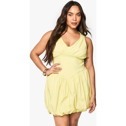 boohoo Dames Plus bengaline plunge puffball mini jurk | Lemon | Maat: 16