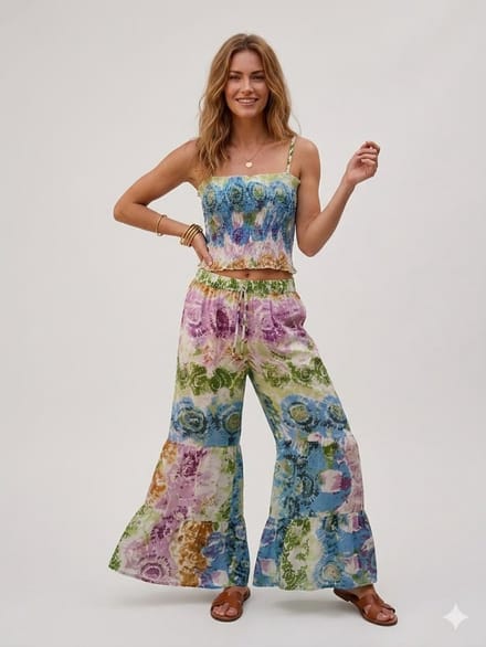 Dames Kleding set - Top met broek - 1018 - One size (36-40) wit/groen/roze/blauw
