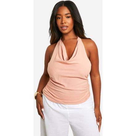 boohoo Dames Plus Linen Look Tie Halterneck Top | Roest | Maat: 54