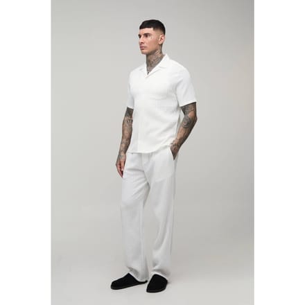 Tall Regular Fit Overhemd Met Korte Mouwen En Onregelmatige Plooien En Ontspannen Broek Set | White | Size Medium