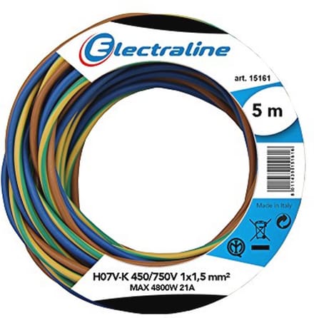 Kabelrol 1 x 1.5 mm², 5 m lengte, Bruin, Geel/Groen, Blauw