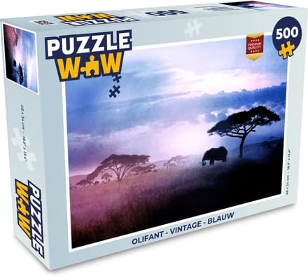 Puzzel Olifant - Vintage - Blauw - Legpuzzel - Puzzel 500 stukjes
