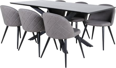PiazzaBLBL eethoek eetkamertafel zwart en 6 Velvet Stitches eetkamerstal grijs.