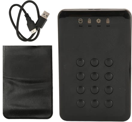Draagbare externe harde schijf behuizing met hardware-encryptie, PIN-authenticatie, realtime encryptie en snelle USB 3.0 overdracht, robuust en waterdicht.