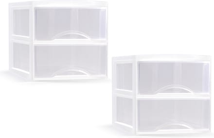 Plasticforte Ladeblokje - 2x - bureau organizer met 2x lades - transparant/wit - L26 x B36 x H25 cm