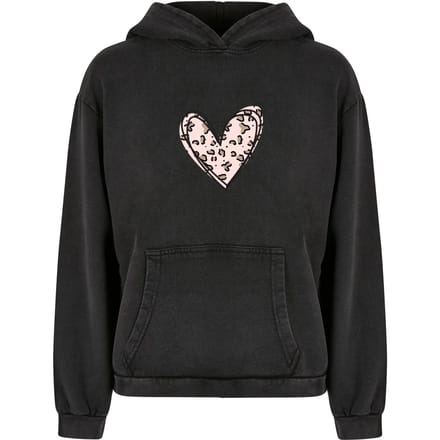 Dames Hoodie Oversized Merchcode Valentines Day - Leopard Heart Acid Washed