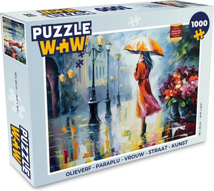 Puzzel Olieverf - Paraplu - Vrouw - Straat - Kunst - Legpuzzel - Puzzel 1000 stukjes volwassenen