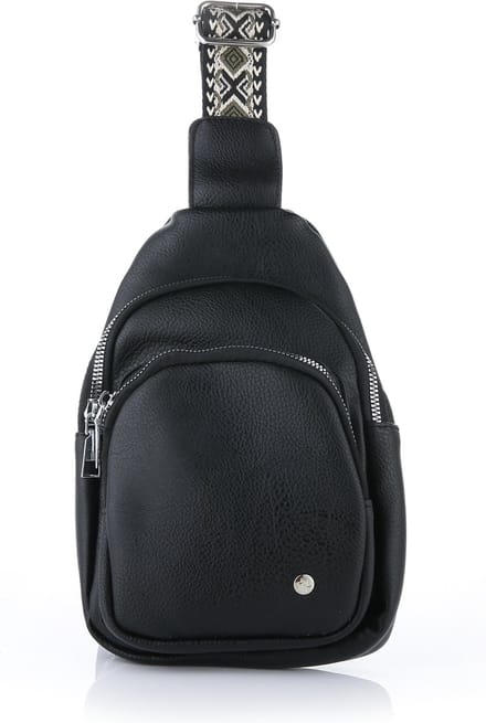 Klein crossbodytasje met geweven schouderriem, zwart