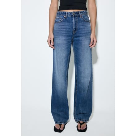 Stradivarius D92 straight wide jeans met scheuren  MIDDENBLAUWE DENIM WASSING 32