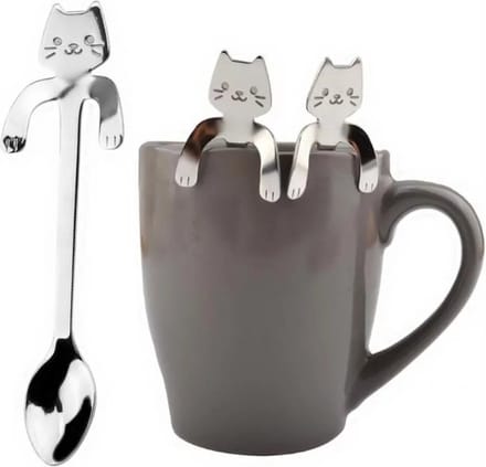 1x Theelepel Hangende Kat - Katten Koffielepel - RVS - Zilver