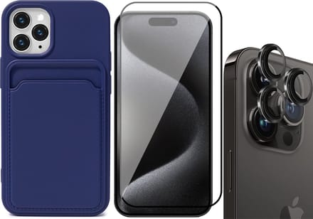 Hoesje Pasjeshouder geschikt voor iPhone 15 Pro Max - Screenprotector FullGuard + Camera Lens Screen Protector Zwart - Siliconen Case Back Cover Blauw