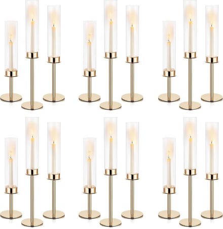 Set van 18 Gouden Kandelaars met Windlicht Cilinders voor Kaarsen