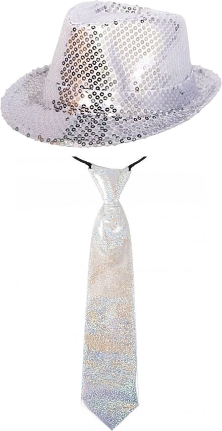 Faram Verkleedkleding set zilver hoed en stropdas glitter volwassenen
