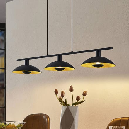 Lindby hanglamp Narisara, 118cm, E14, 3-lamps, zwart-goud