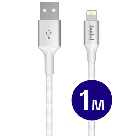 Buddi Flex | USB-A naar Lightning Kabel 12W Fast Charge | 480Mbps Dataoverdracht | Gevlochten Nylon | 1M | 1 Meter | Wit