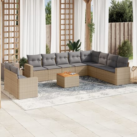 vidaXL - 11-delige - Tuinset - met - kussens - poly - rattan - beige