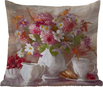 Buitenkussen Weerbestendig - Schilderij - Bloemen - Vaas - Olieverf - 50x50 cm