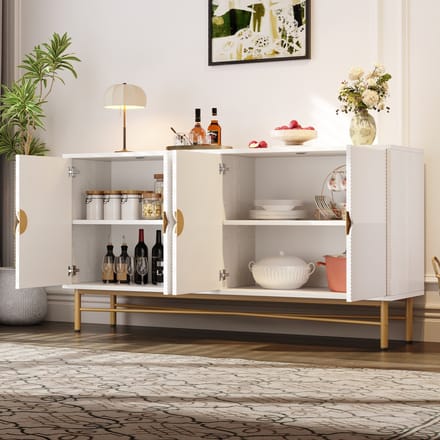Dressoir - 160x40x82 cm - Met 4 Deuren Gegraveerd Design Gouden Grepen - Hoogglans - Hout - Wit