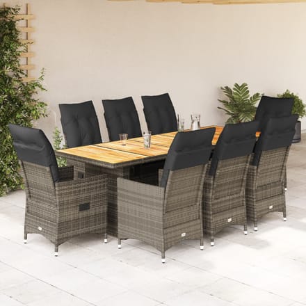 vidaXL - 9-delige - Bistroset - met - kussens - poly - rattan - grijs