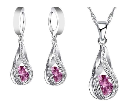 BY-ST6 Sieradenset ketting + oorbellen - zilverkleurig roze