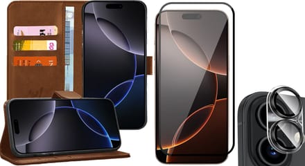 Hoesje geschikt voor iPhone 16 Plus - Screenprotector Volledig Dekkend Glas & Camera - Portemonnee Book Case Bruin