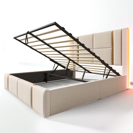 COVREO Bedframe 160x200 cm beige, led, usb-c, opbergruimte, zonder matras