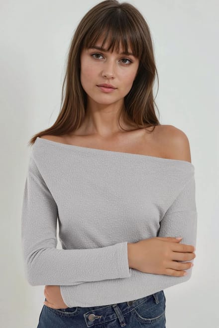 Gestreepte Off-Shoulder Lange Mouw Geribbelde Trui