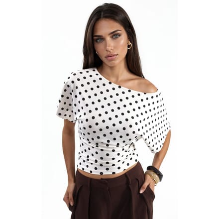 Gestippelde Strakke Taille Blouse met Vleermuismouwen