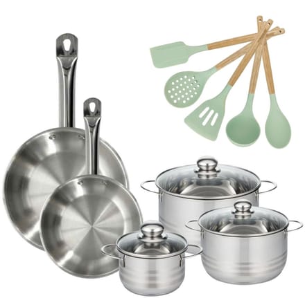Set van 2 pannen 24/28cm en 3 kookpotten 16/20/24cm Fackelmann Etherna met 5 keukengerei