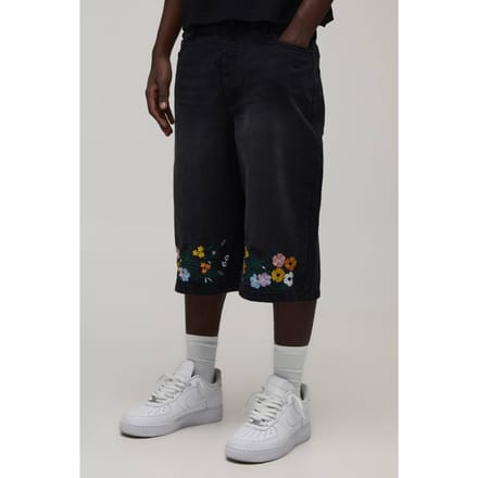 Longline Denim Jorts Met Geborduurd Bloemmotief Op De Zoom | Washed Black | Size 42