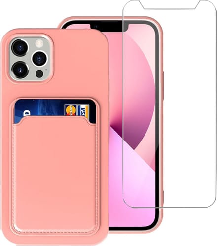 Geschikt voor iPhone 13 Hoesje met Pasjeshouder TPU Back Cover Rose + Screenprotector