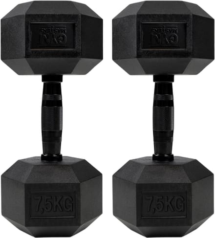 Gym Masters Dumbbells 7,5 kg Set (2 stuks) – Hexagon Rubber Dumbbells – Zwart