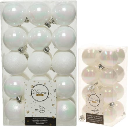Decoris Kerstballen kunststof parelmoer wit - 4-6 cm - 46x stuks - mat - draad - glans - mix