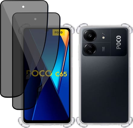 Hoesje + 2x Privé Screenprotector geschikt voor Poco C65 – Privacy Tempered Glass - Case Transparant