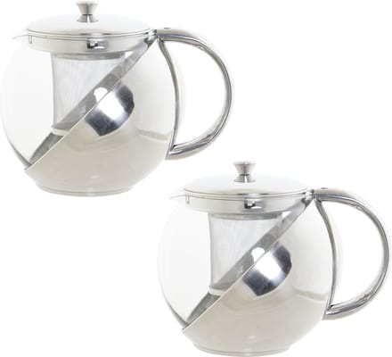 Set van 2x stuks theepotten van glas en RVS 1100 ml met filter/infuser en handvat