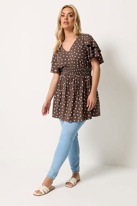 Yours Chocoladebruine Top Met Stippen En Fladdermouwen Size 46