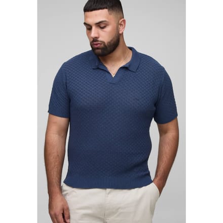 Plus Regular Fit Micro Ruit Gehaakte Polo Shirt | Navy | Size 2XL