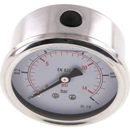 0..1 Bar Glycerine Manometer Achteraansluiting RVS/Messing 63 mm Klasse 1.6 - ML0163SHG