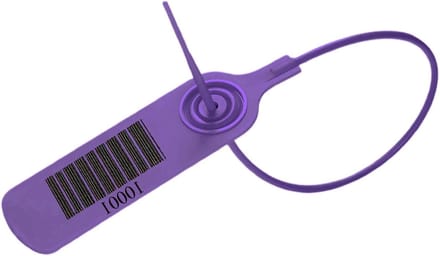 Set van 100 Plastic Verzegelingen voor Eerste Hulp, Trekdoor Verzegeling, Barcode en Unieke Nummering (Paars)