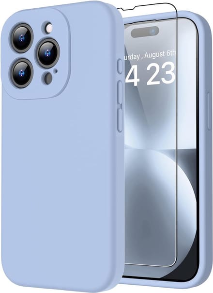 Solid hoesje Soft Touch Liquid Silicone + 1X Screenprotector Tempered Glass [Camera all-round bescherming] - Geschikt voor: iPhone 15 Pro - Lichtblauw