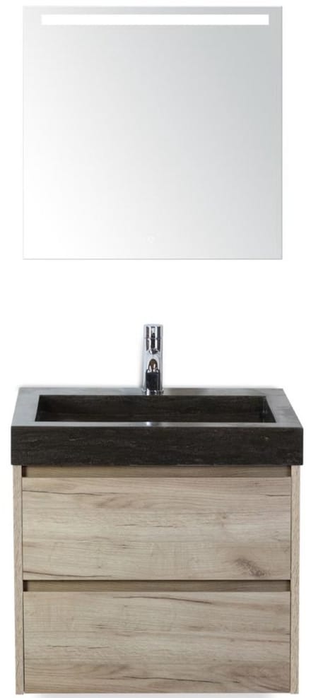 Dante Badmeubelset 60 cm - Craft Oak - Wastafel Hardsteen Wit Lucca met Sence Spiegel