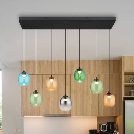 Globo LED hanglamp Minara, 7-lamps, lengte 102 cm, kleurrijk, glas