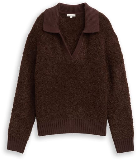Tom Tailor - Bouclé gebreide trui met kraag - Maat M - dark pecan brown melange