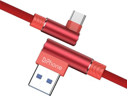 DrPhone D9 Type-C USB-C Dubbele 90° Haakse Nylon Gevlochten 3A kabel – 1 Meter -Datasynchronisatie & Snel opladen – Rood