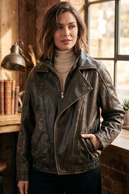 Dames bruine koeienleer Big Bomber Biker Blouson Oversized Jas - Bloom