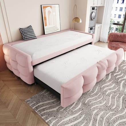 MODFU Bedframe 90/180x190 cm – Roze teddy stof – Uitschuifbaar met lattenbodem (24 latten) – 300 kg