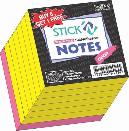 Stick'n sticky notes - 6x neon geel + 1x neon roze - 76x76mm - 700 memoblaadjes
