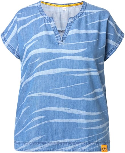 Laurasøn - Dames - Jeansblouse V-hals laserprint - Blauw denim - Maat 44+