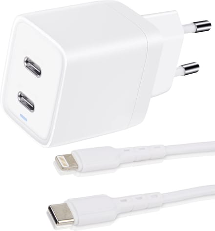 Usb Adapter 45w 2 Poorten usb-C + Geschikt voor Lightning naar usb-C Kabel 1 Meter Lang - Snellader